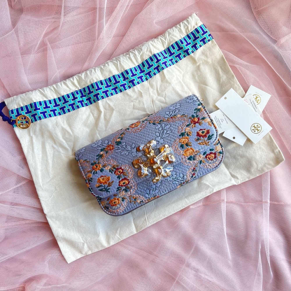 Tory Burch Eleanor Brocade Jeweled Logo Phone Crossbody Bag in Sea Frost • NWT